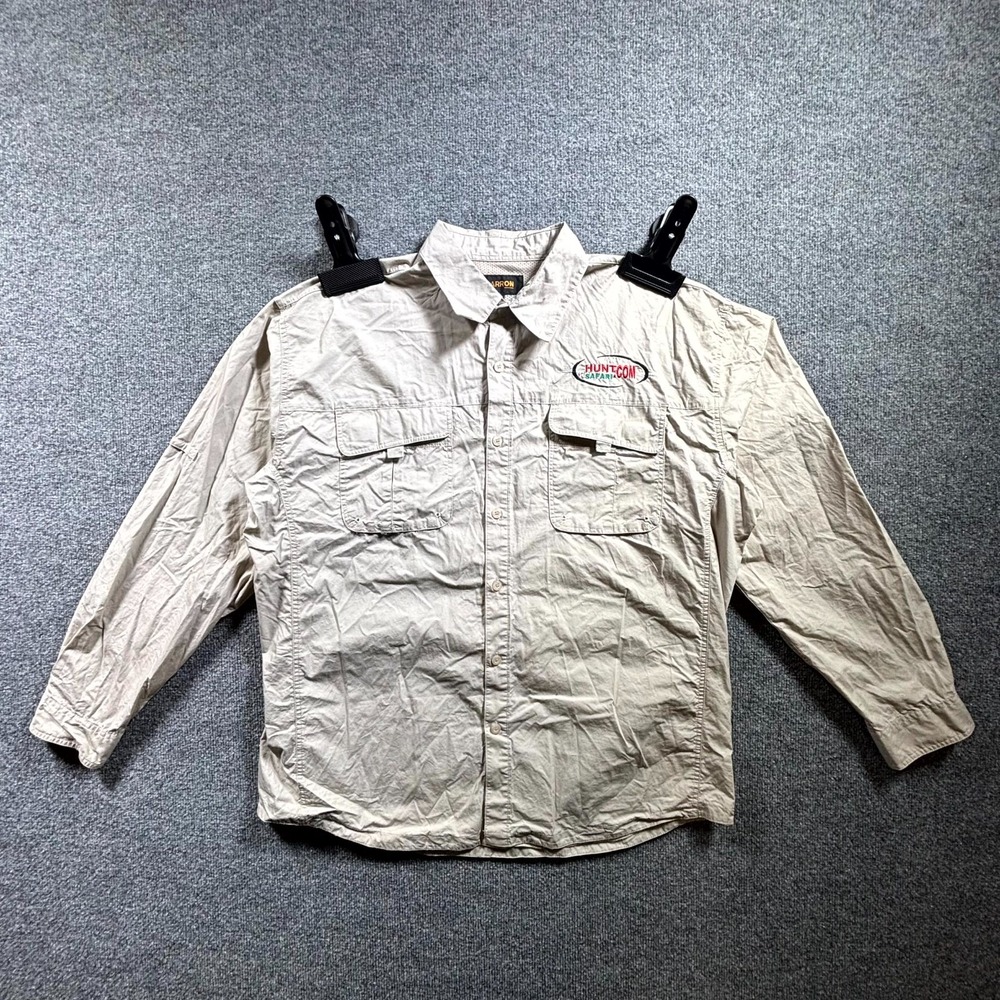Barron Safari Hunt Shirt Men's XL Beige 100% Cotton Embroidered Utility Outdoor